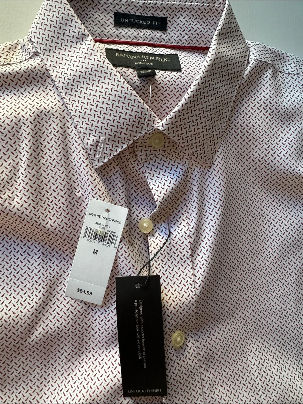 Banana Republic Men's White Shirt with Red Micro Pattern NWT untucked